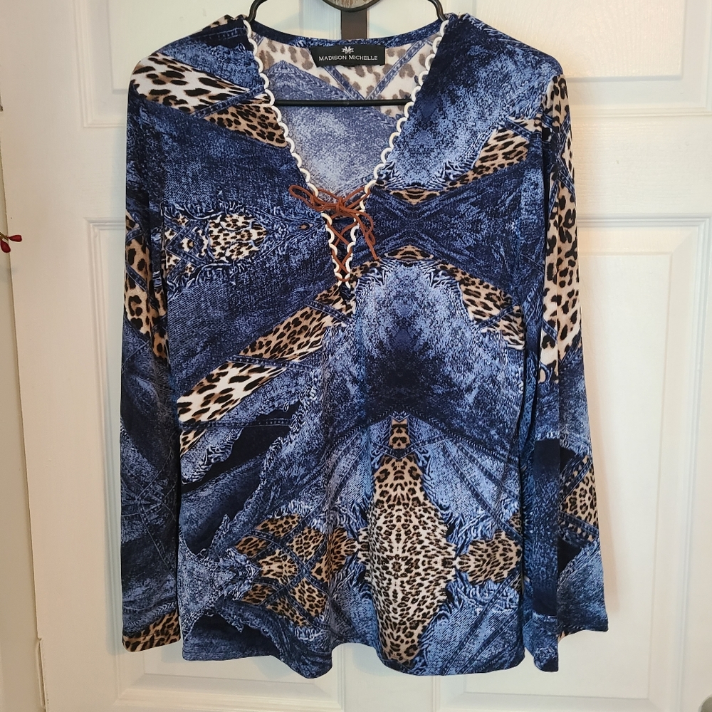 (1083) Madison Michelle, Woman's Long Sleeve Blouse, Patterned, Blue